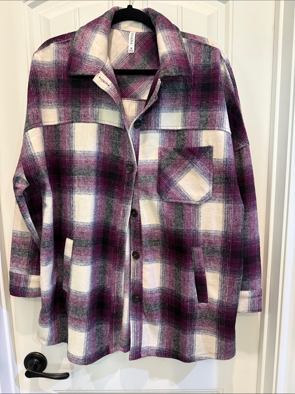 Zenana Outfitters Purple and Cream Plaid Utility Shacket